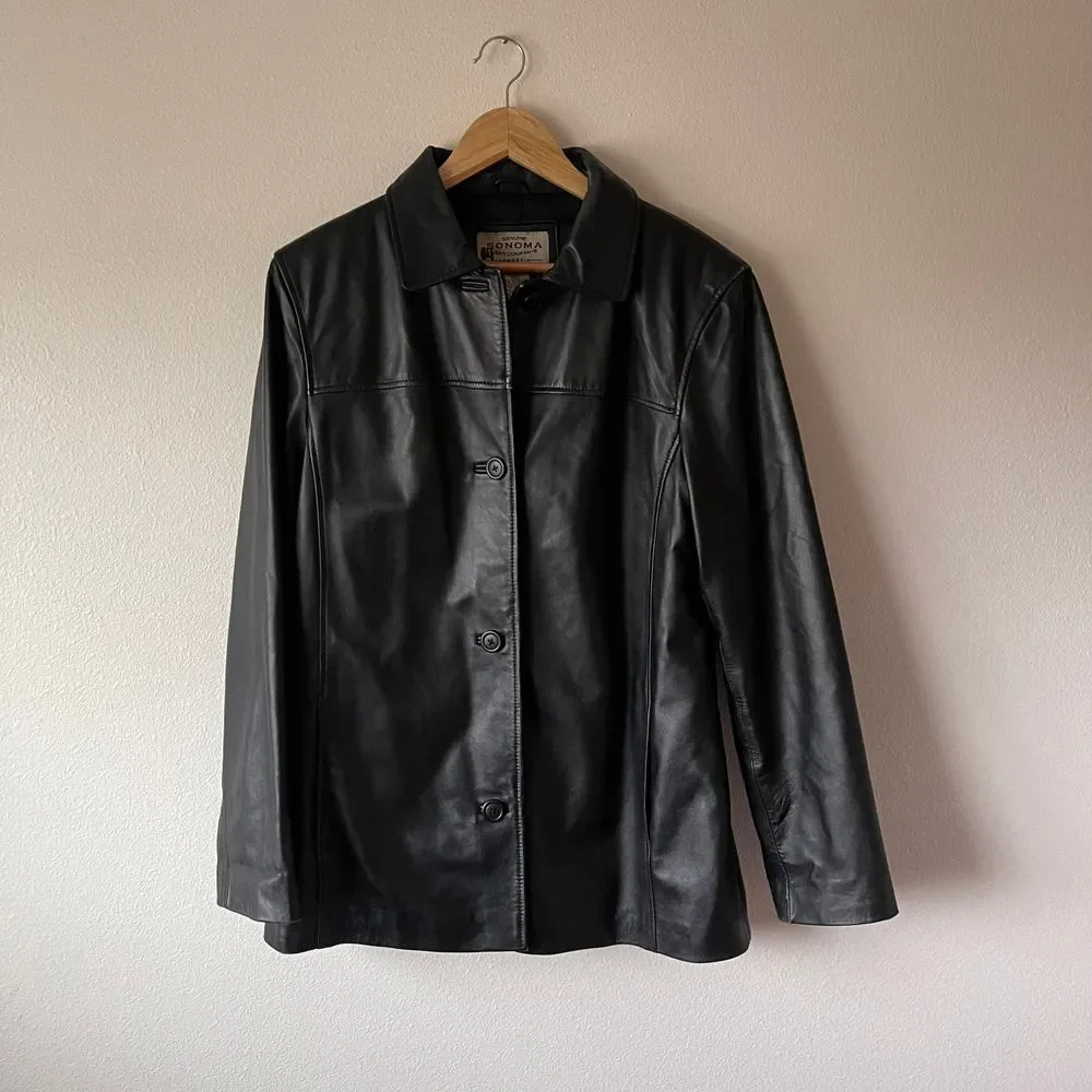Vintage Sonoma Lambskin Piel Leather 90s Y2K Button-Front Leather‎ Jacket - Picture 2 of 10